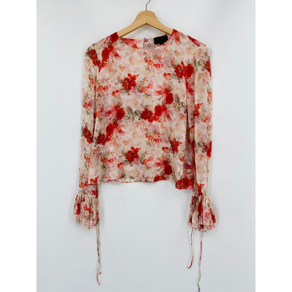 Intermix Blouse Womens Size P Pink Floral Silk Long Sleeve Tie Cuff Sheer Top - Picture 2 of 5